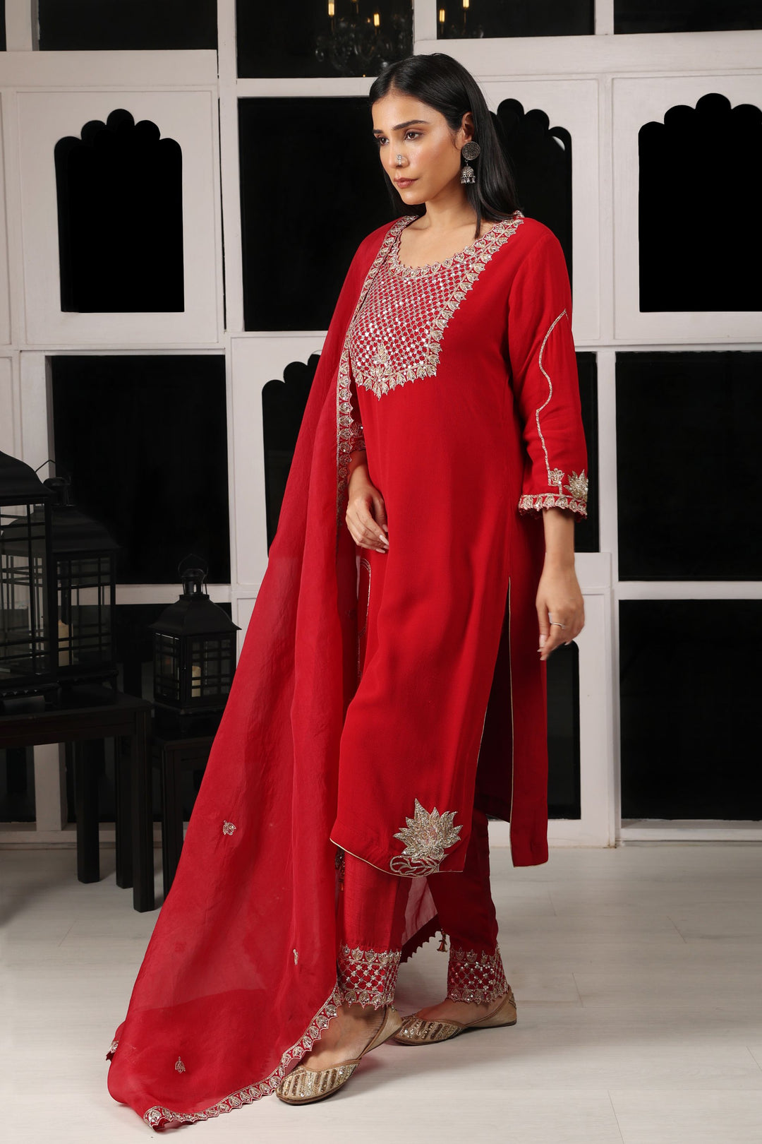 Red Embroidered Kurta Set