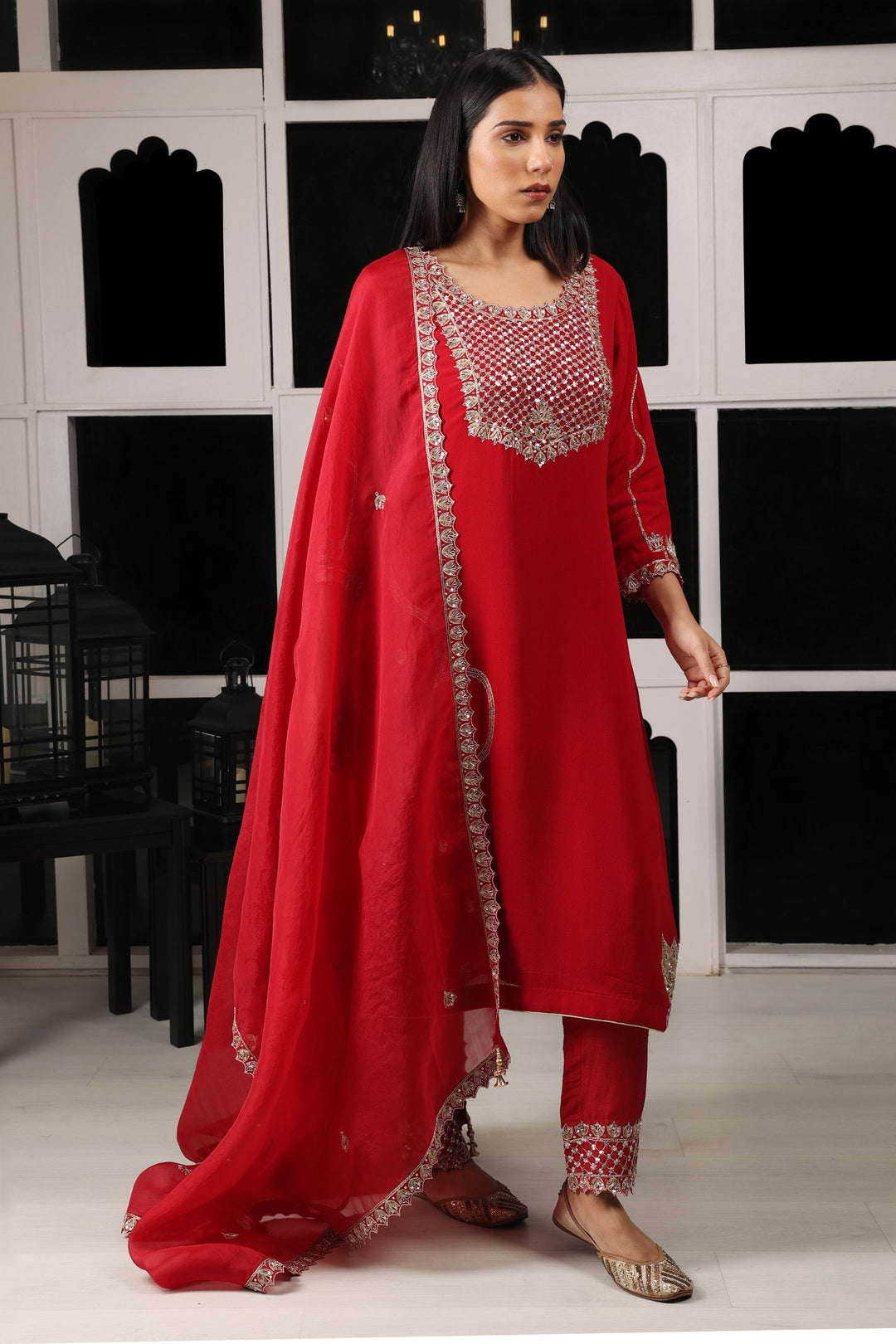 Red Embroidered Kurta Set