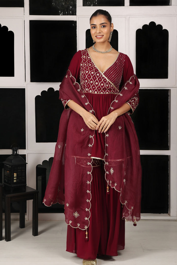 Maroon Embroidered Kurta Sharara Set