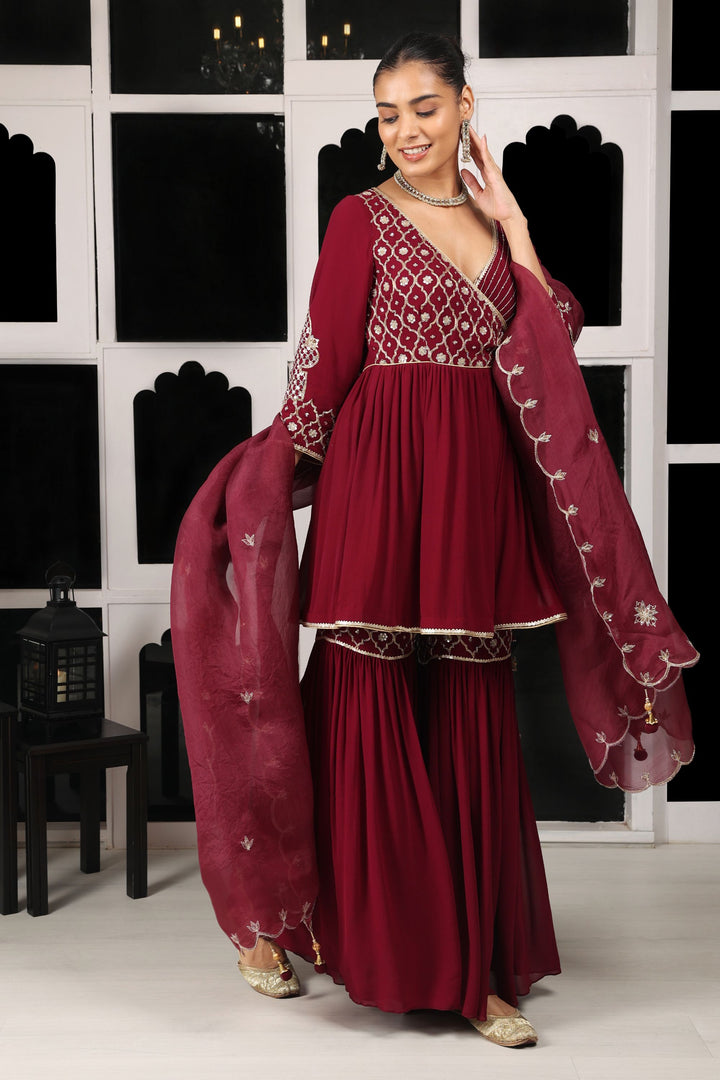 Maroon Embroidered Kurta Sharara Set