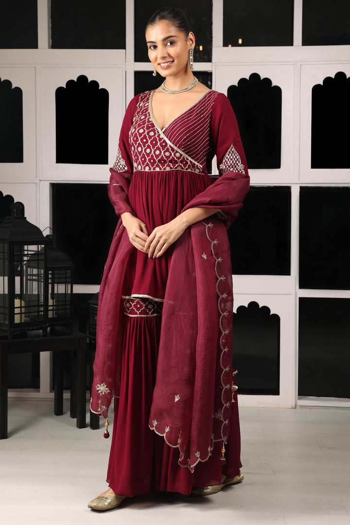 Maroon Embroidered Kurta Sharara Set