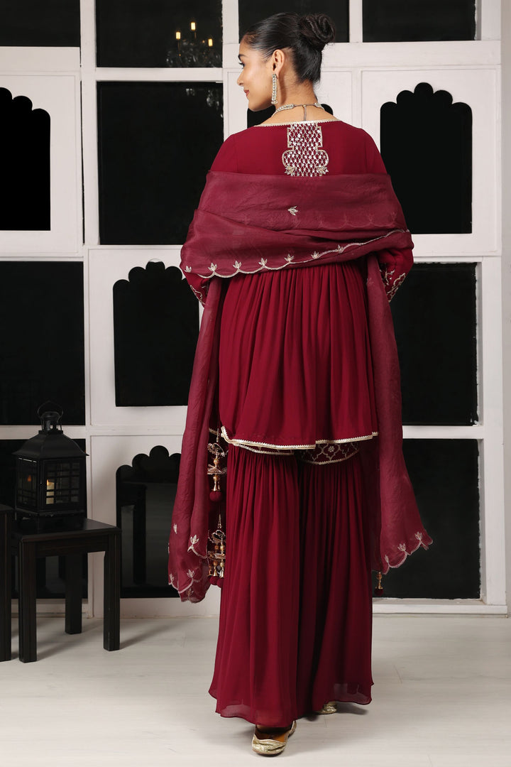 Maroon Embroidered Kurta Sharara Set