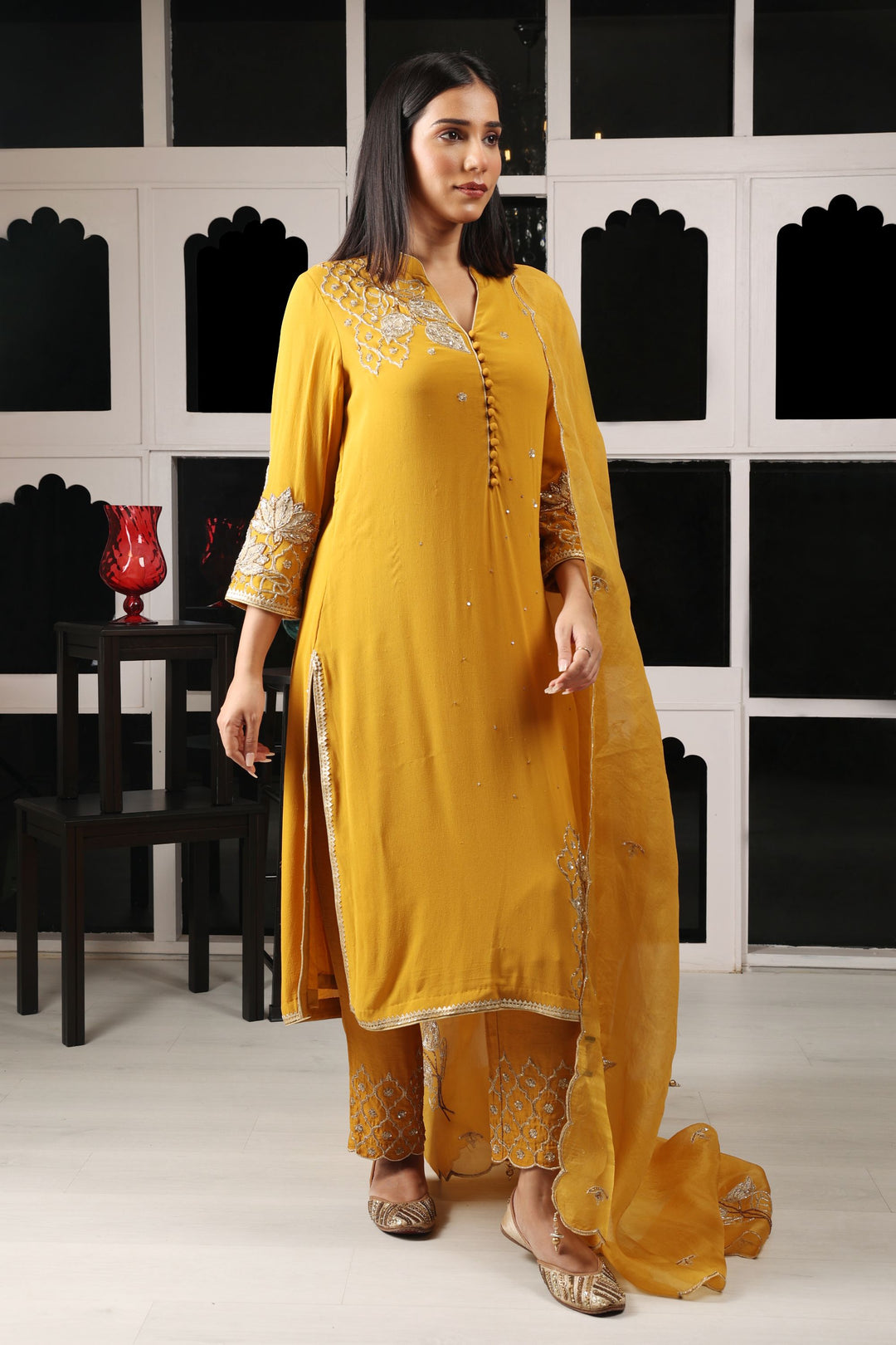 Yellow Mustard Embroidered Kurta Set