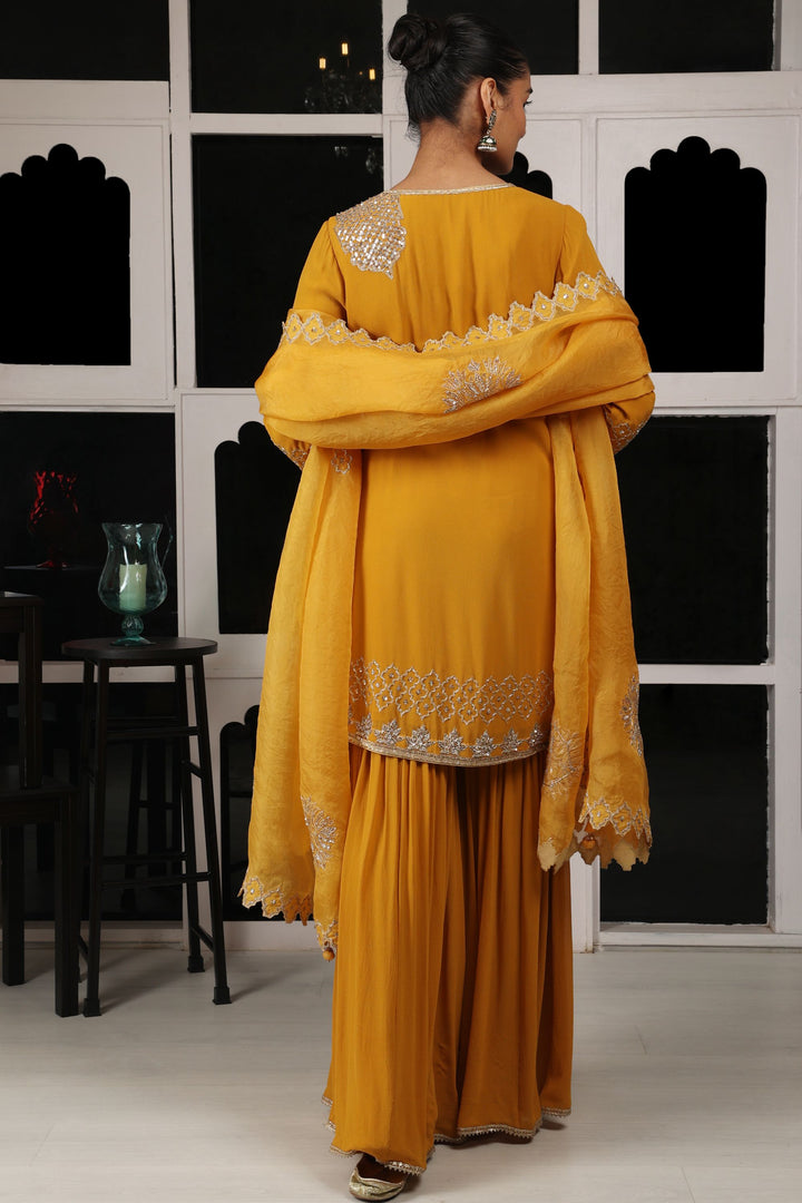 Yellow Mustard Embroidered Kurta Sharara Set