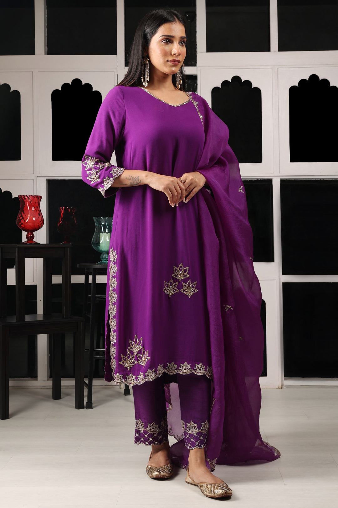 Purple Embroidered Kurta set with Organza Dupatta