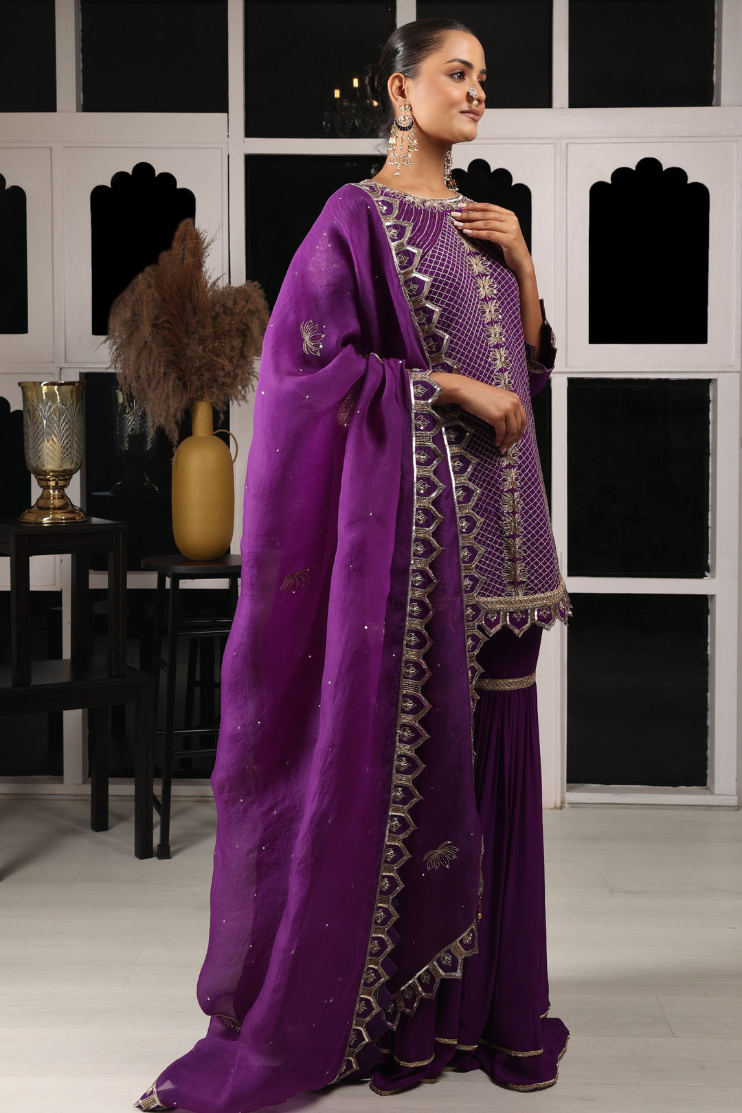 Purple Embroidered Kurta Sharara Set