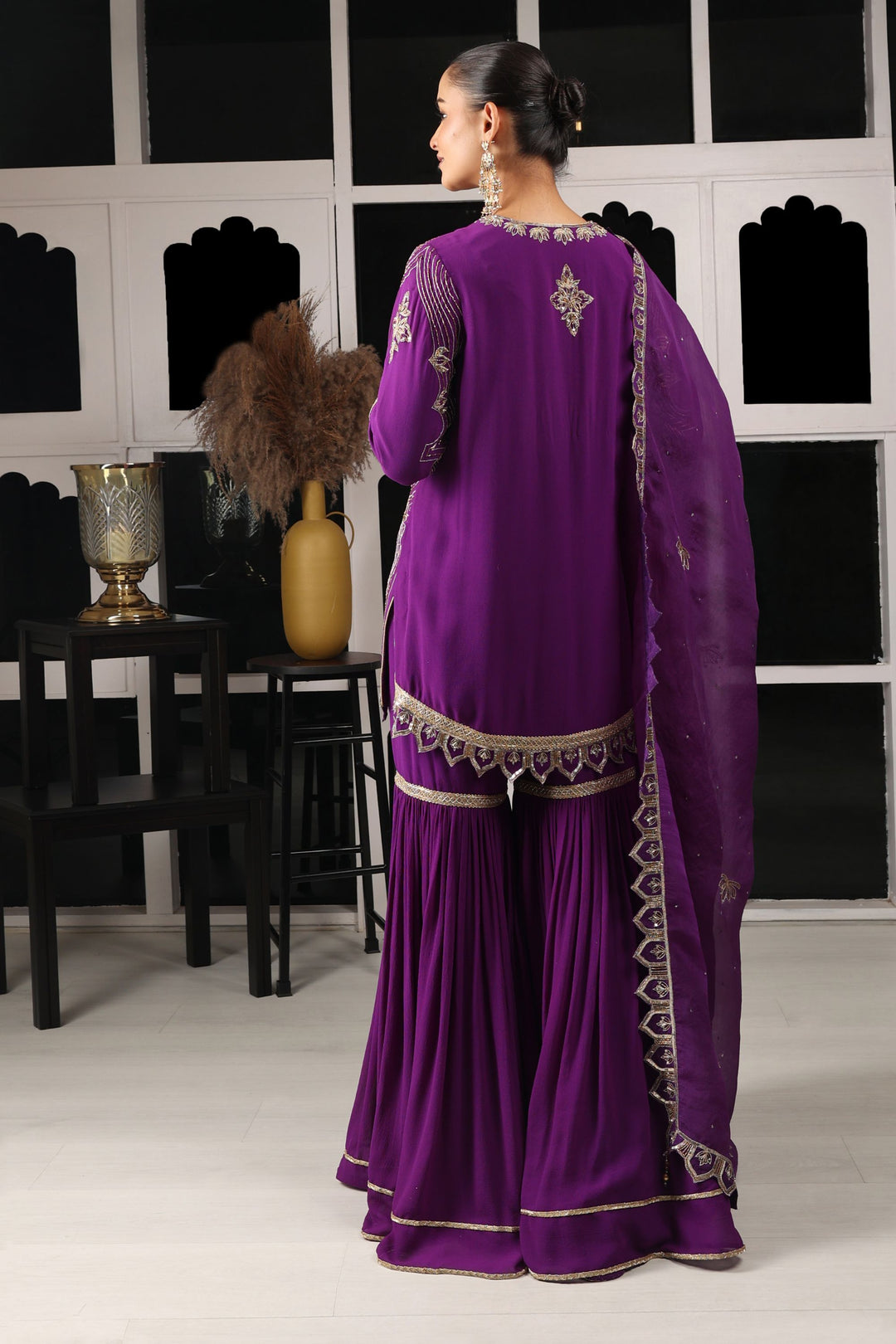 Purple Embroidered Kurta Sharara Set