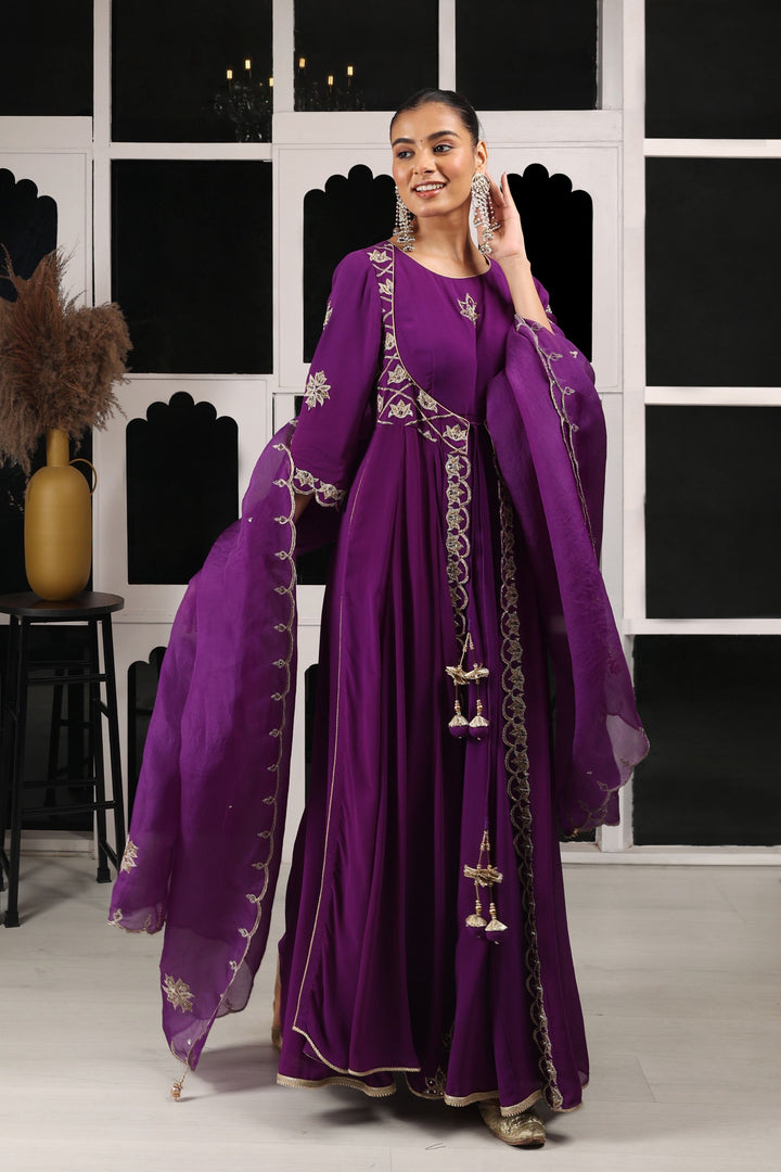 Purple Embroidered Stylized Anarkali Set