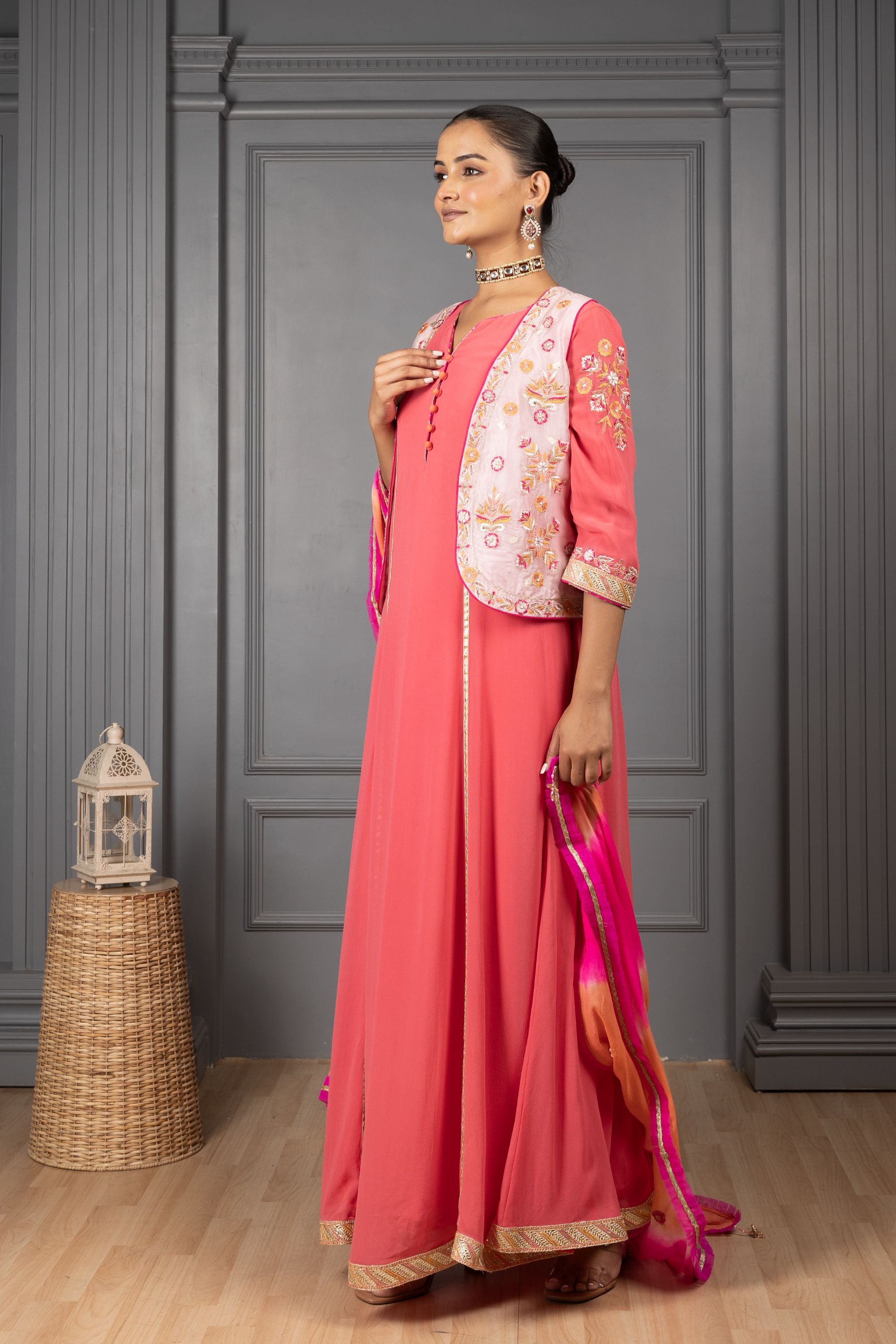 Peach & Pink Embroidered Kalidar Set with Embroidered Koti