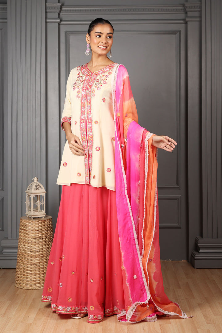 Off-White & Pink Embroidered Kalidar Kurta Set