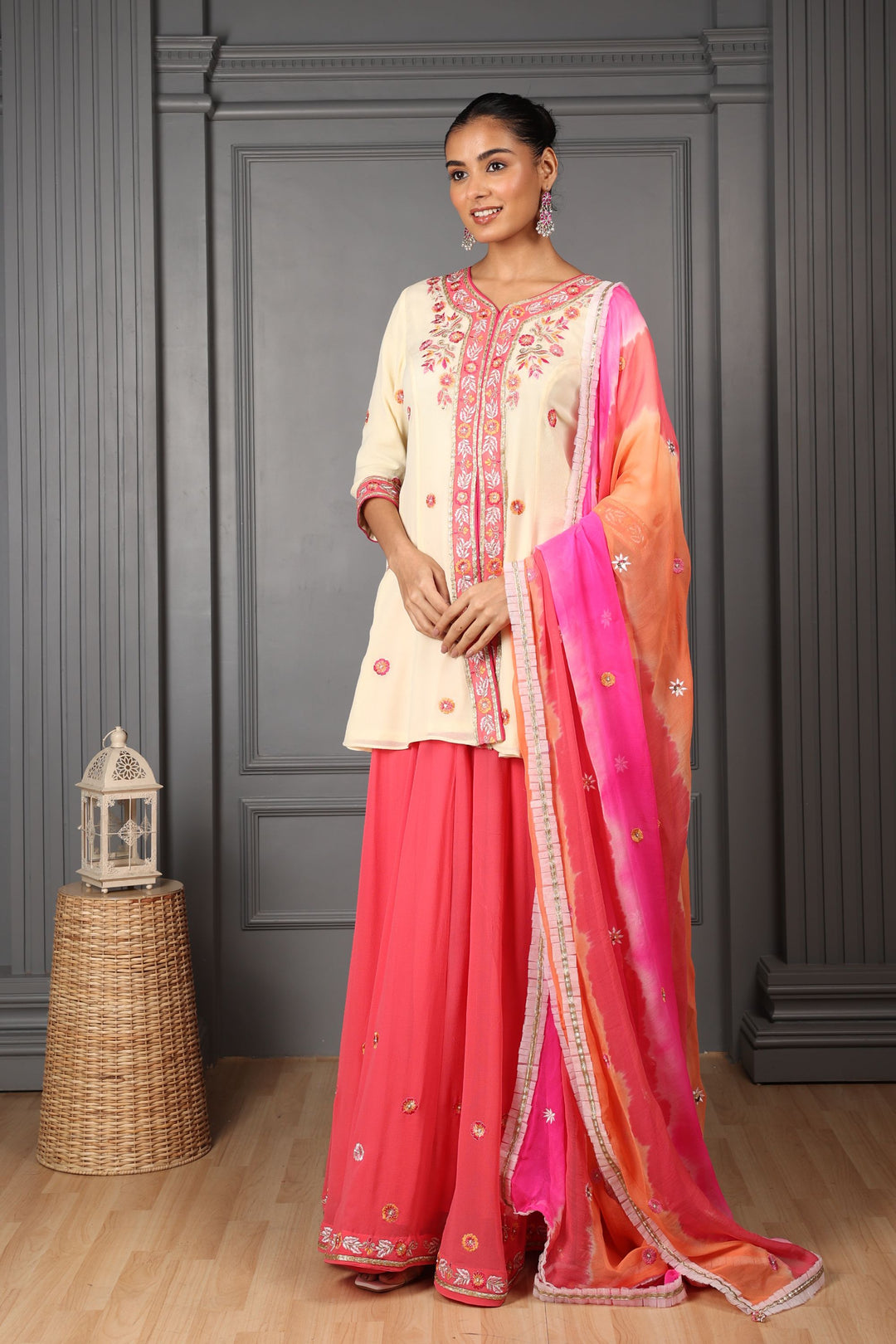 Off-White & Pink Embroidered Kalidar Kurta Set