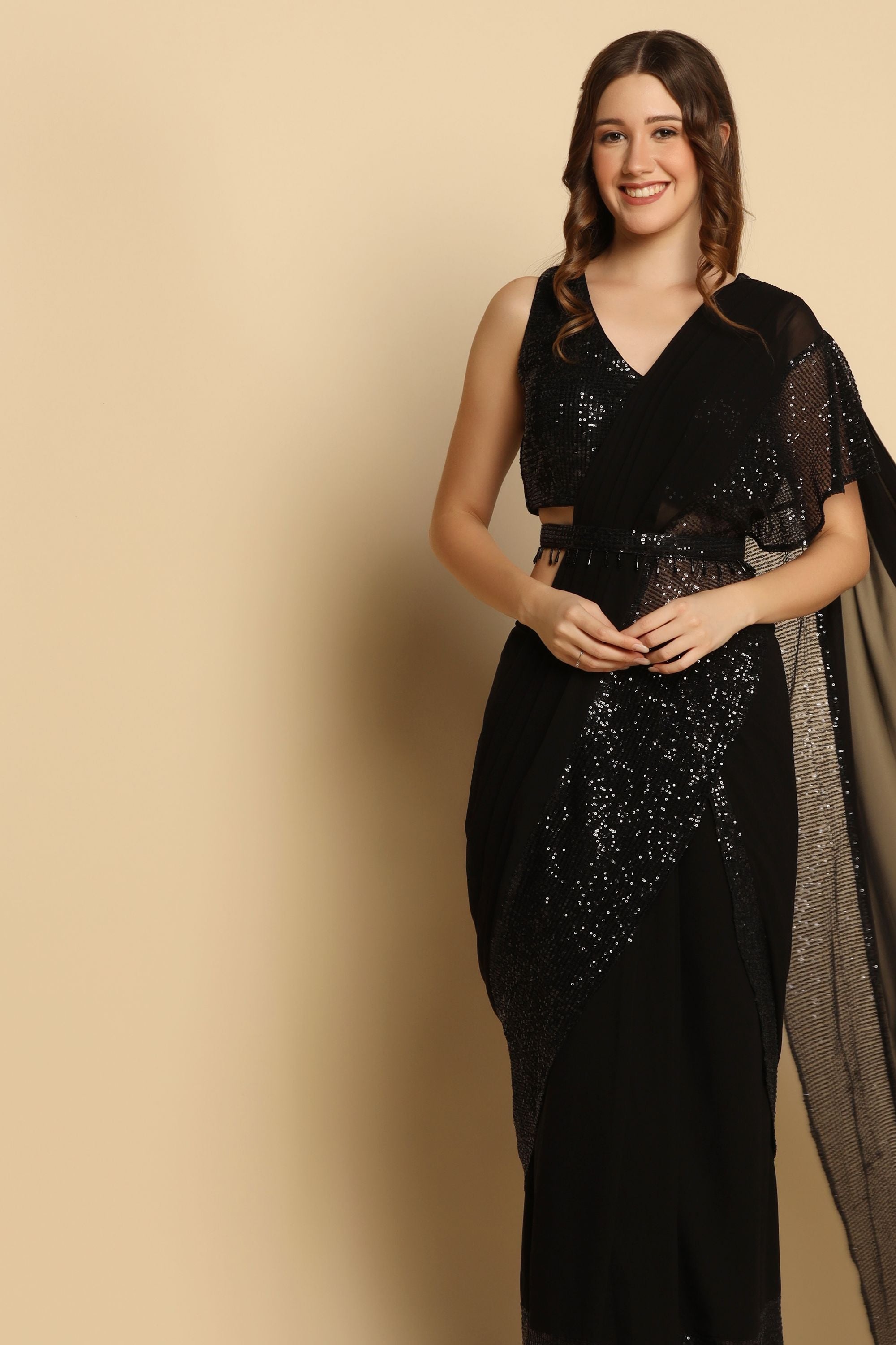 Black Pre Draped Saree with Hand Embroidered Blouse and Waist Belt
