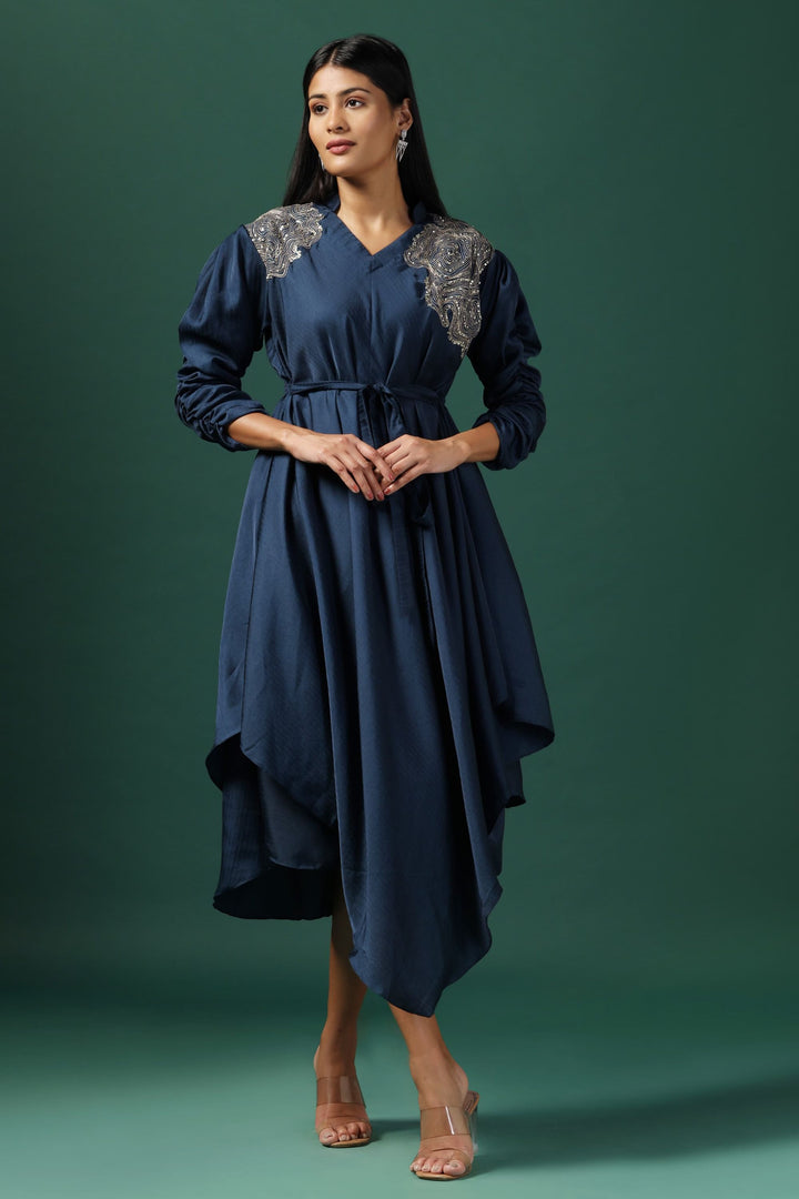 Navy Blue Embroidered Draped Kurta with Spaghetti (Ready To Ship)