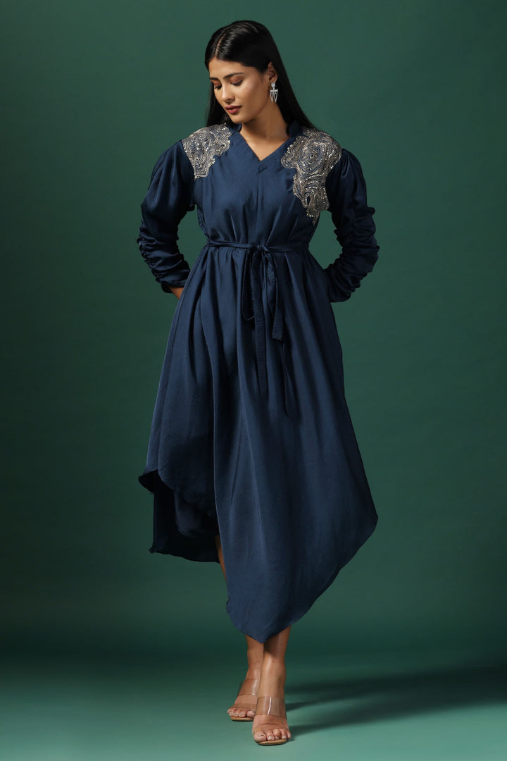 Navy Blue Embroidered Draped Kurta with Spaghetti (Ready To Ship)