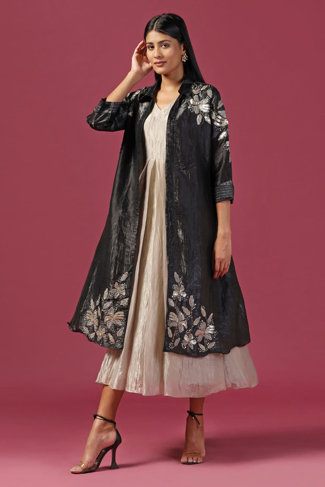 Black Embroidered Cape with Gold Dress Textured Pattern