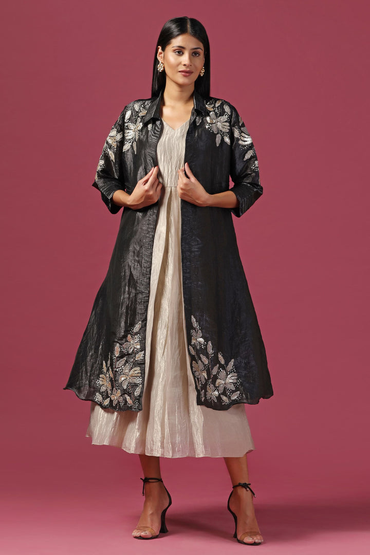 Black Embroidered Cape with Gold Dress Textured Pattern