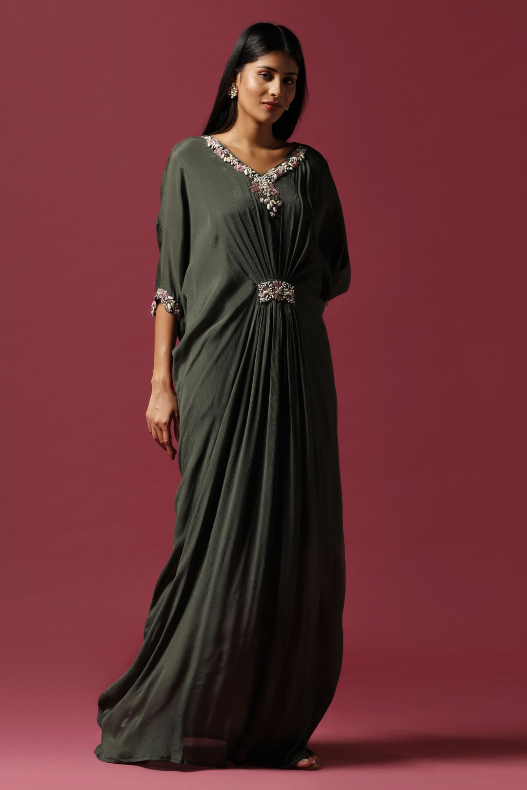 Olive Green Embroidered Gown (Ready To Ship)