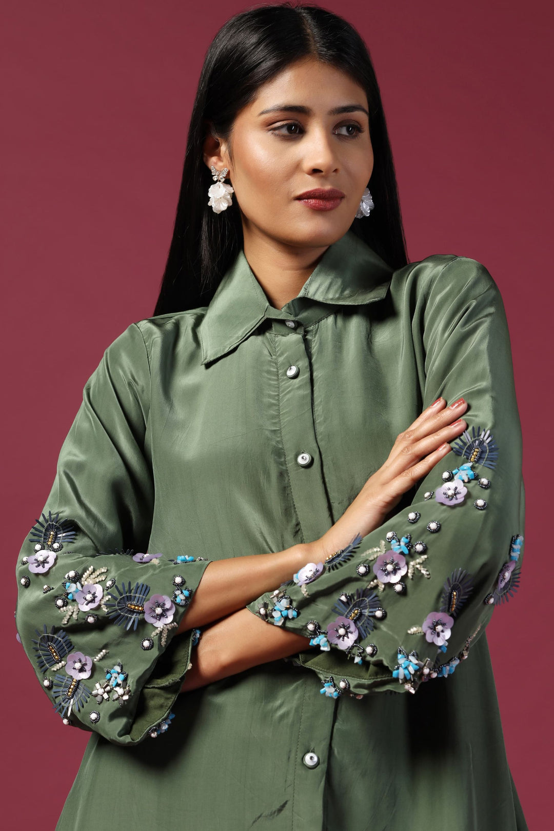 3D Sequins Embroidered Shirt with Flared Pants (Ready To Ship)