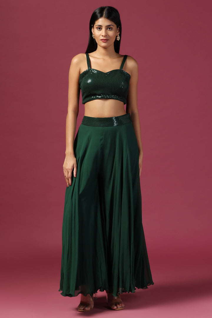 Bottle Green Embroidered Crop Top with Palazzo & Cape