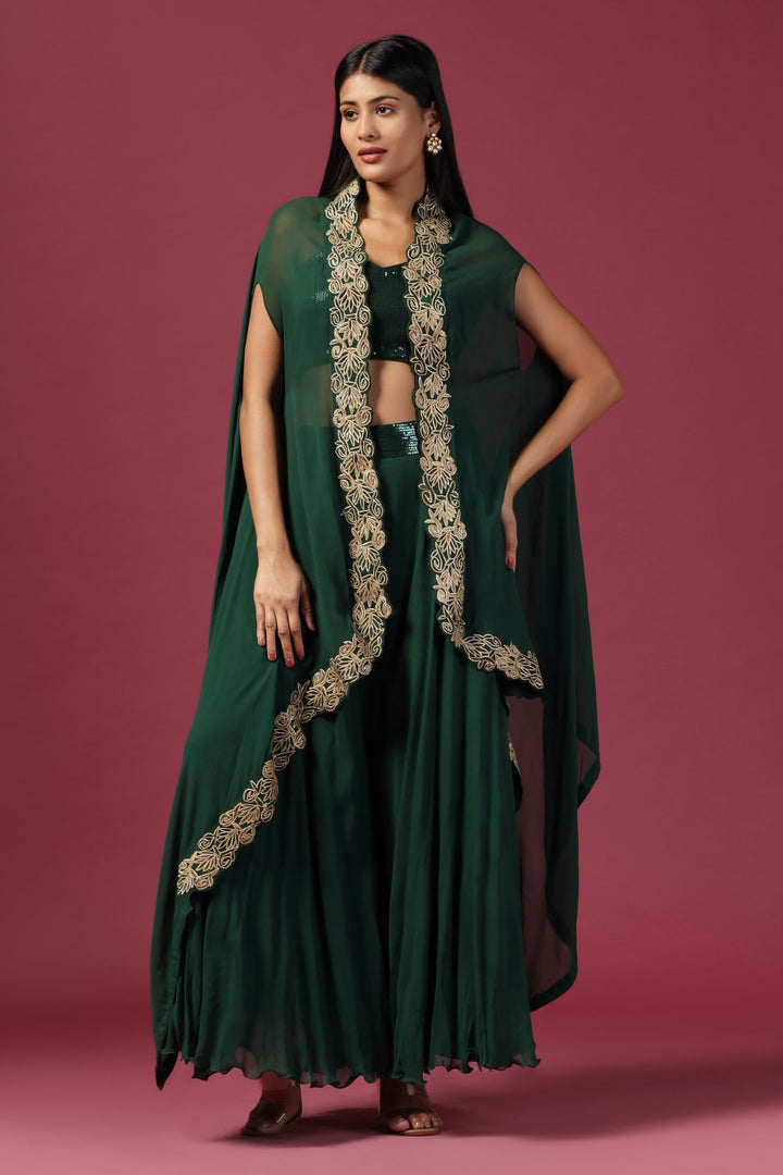 Bottle Green Embroidered Crop Top with Palazzo & Cape