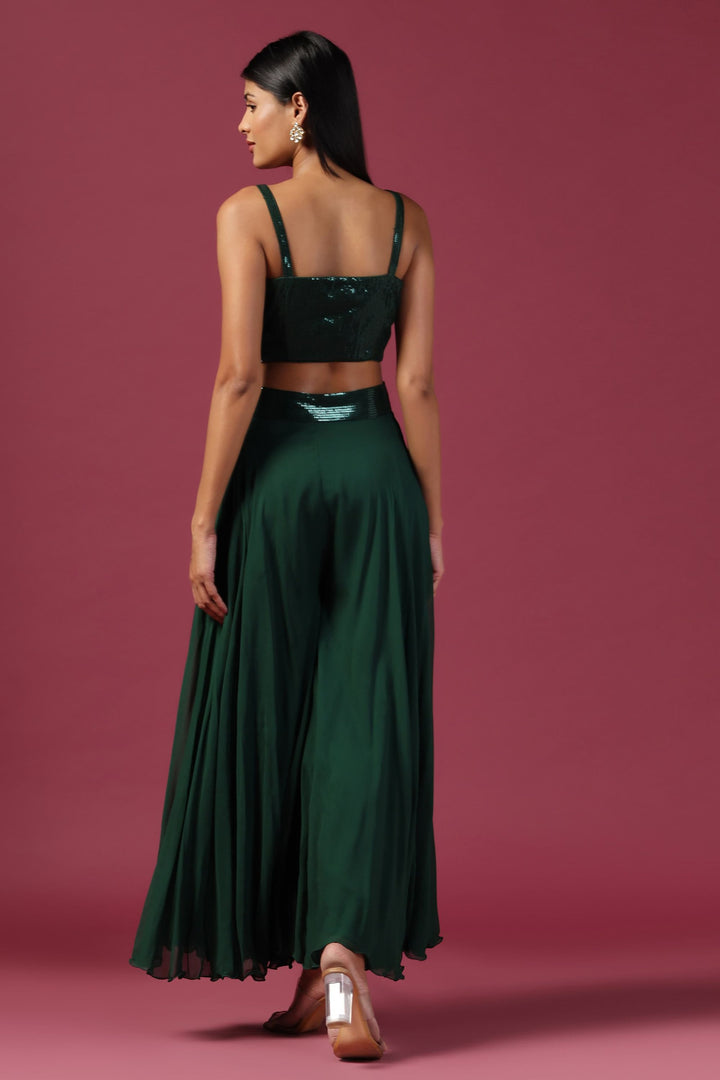 Bottle Green Embroidered Crop Top with Palazzo & Cape