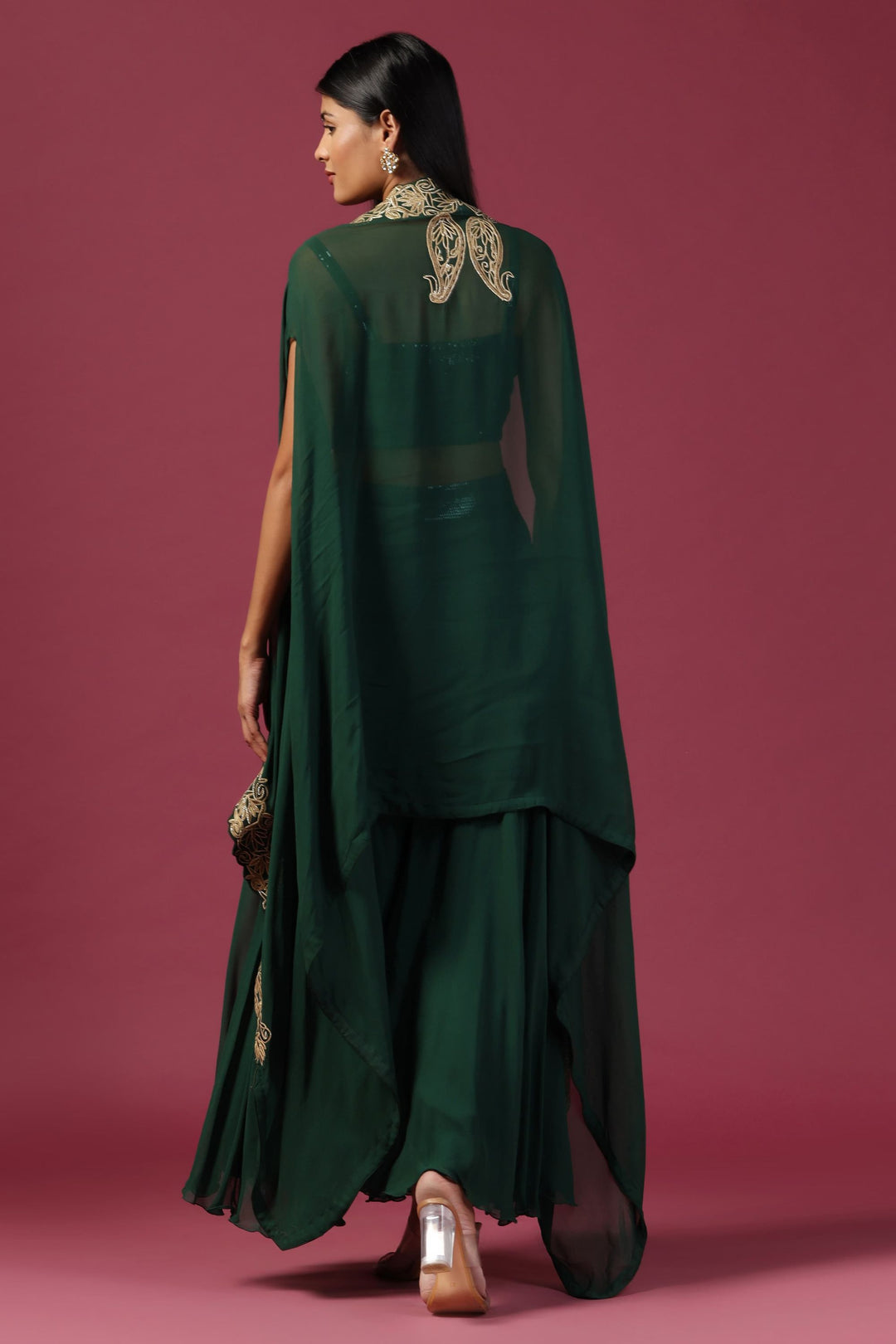 Bottle Green Embroidered Crop Top with Palazzo & Cape