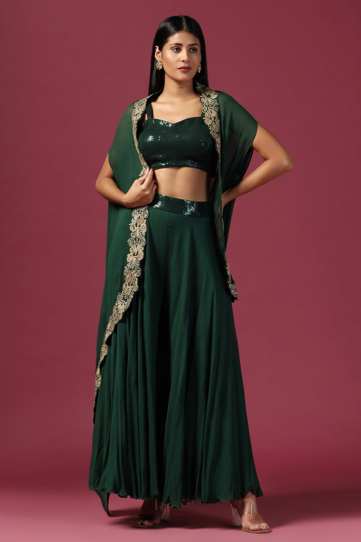 Bottle Green Embroidered Crop Top with Palazzo & Cape