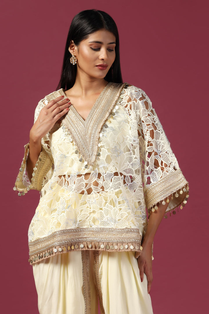 Lemon Yellow Embroidered Kaftan Paired with Bustier & Dhoti Pant