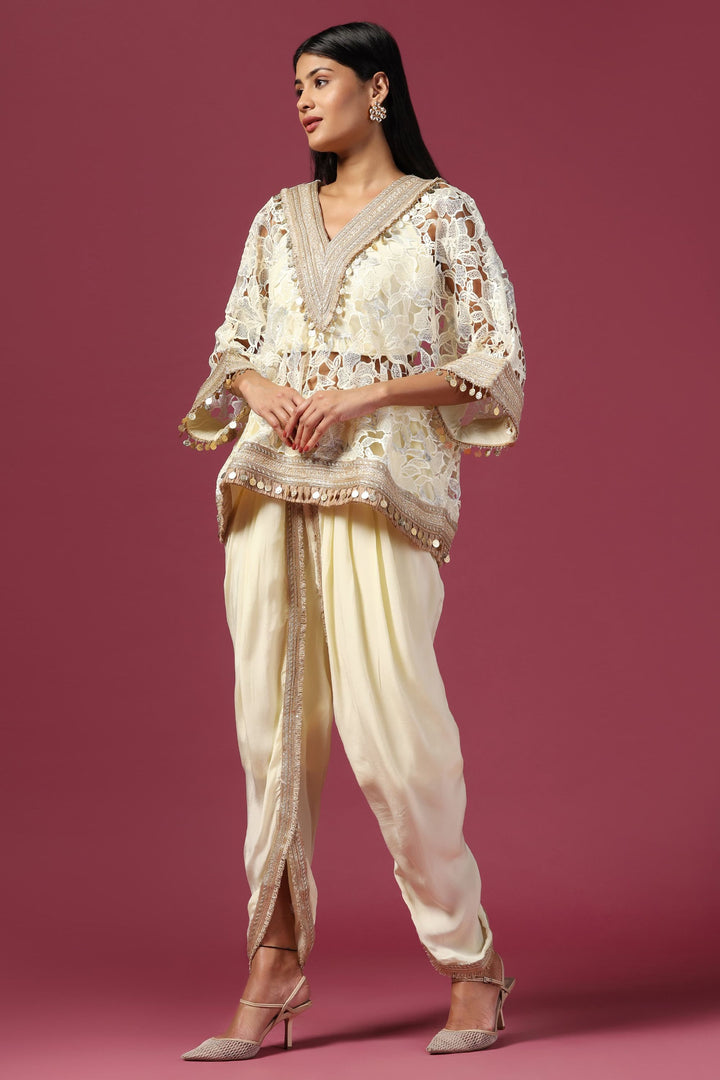 Lemon Yellow Embroidered Kaftan Paired with Bustier & Dhoti Pant