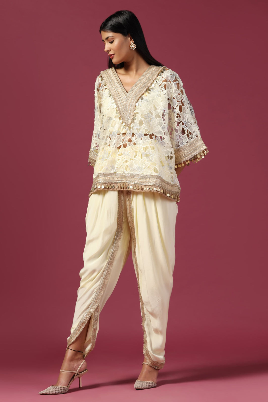 Lemon Yellow Embroidered Kaftan Paired with Bustier & Dhoti Pant