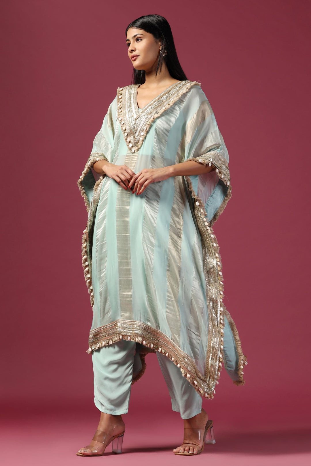 Aqua Kaftan Paired with Bustier & Pants