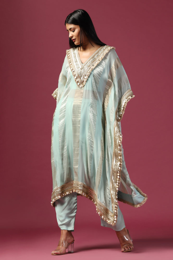 Aqua Kaftan Paired with Bustier & Pants