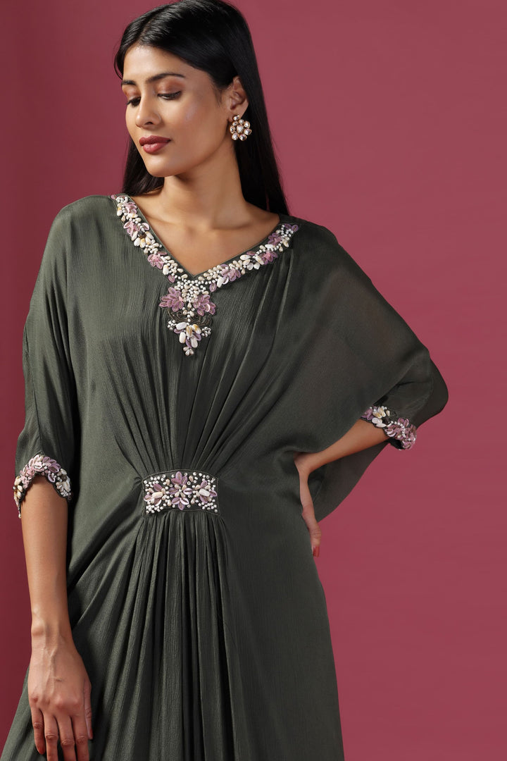 Olive Green Embroidered Gown (Ready To Ship)