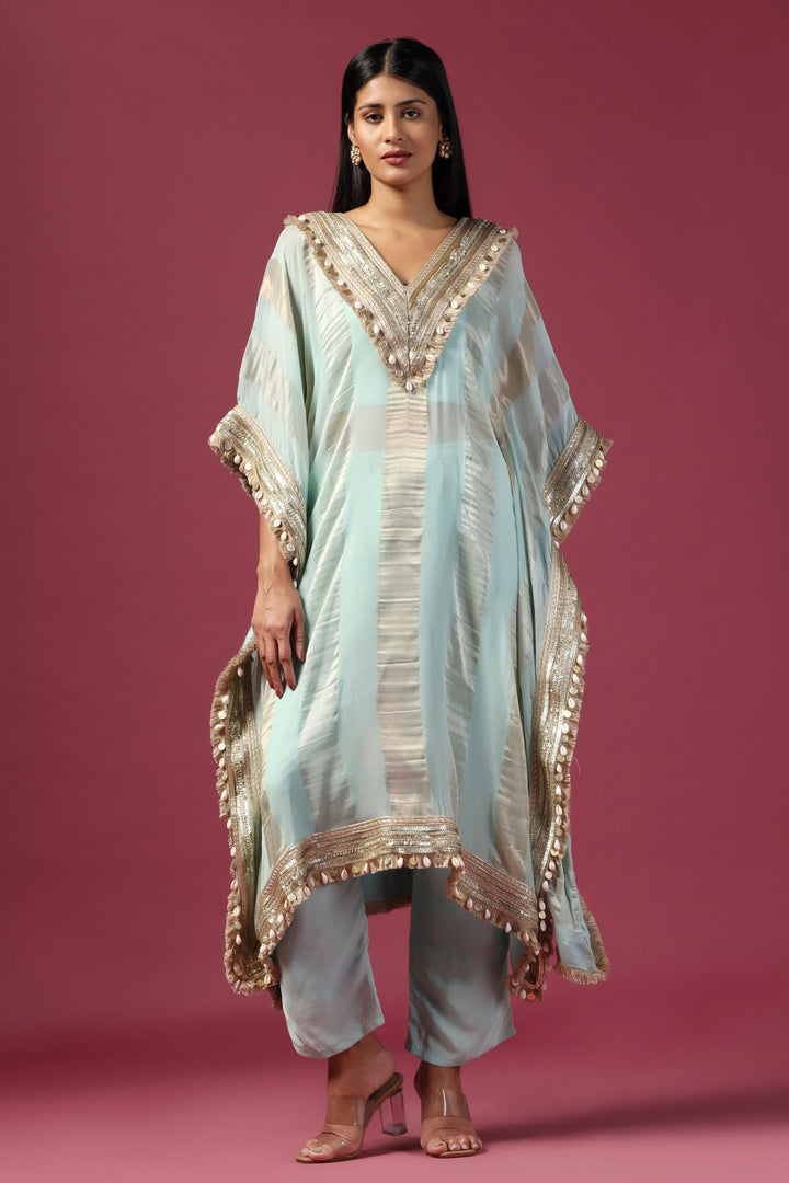 Aqua Kaftan Paired with Bustier & Pants