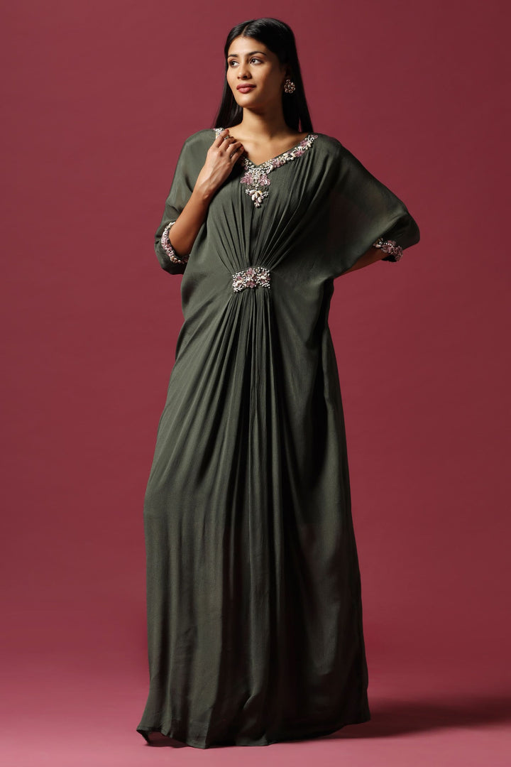 Olive Green Embroidered Gown (Ready To Ship)