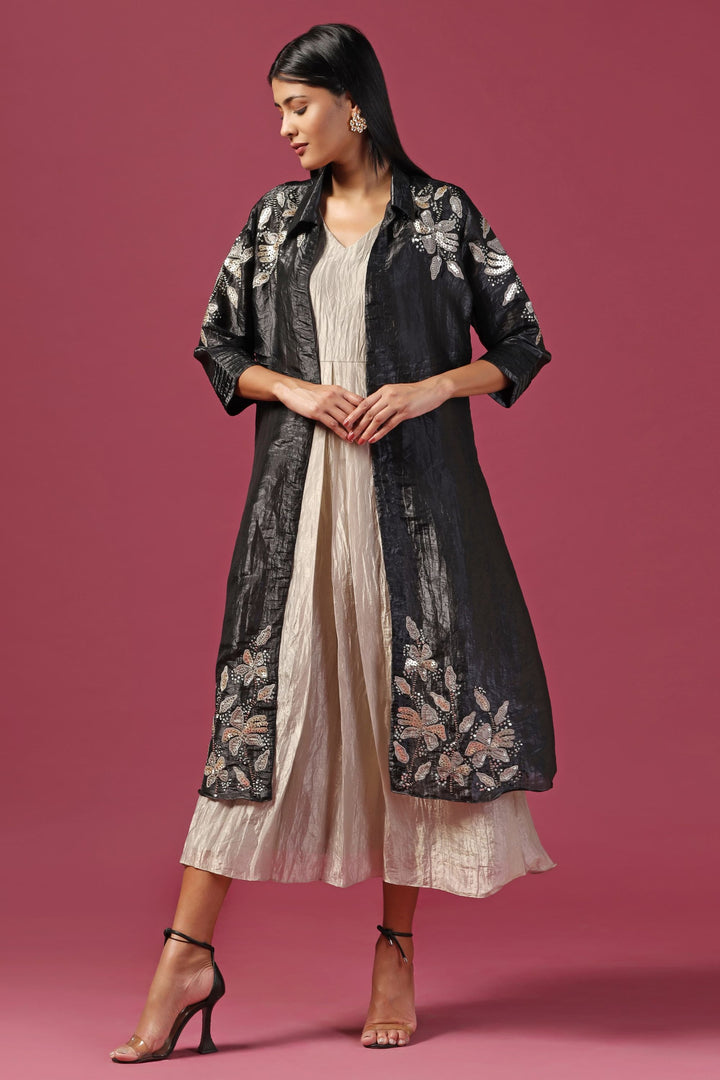 Black Embroidered Cape with Gold Dress Textured Pattern