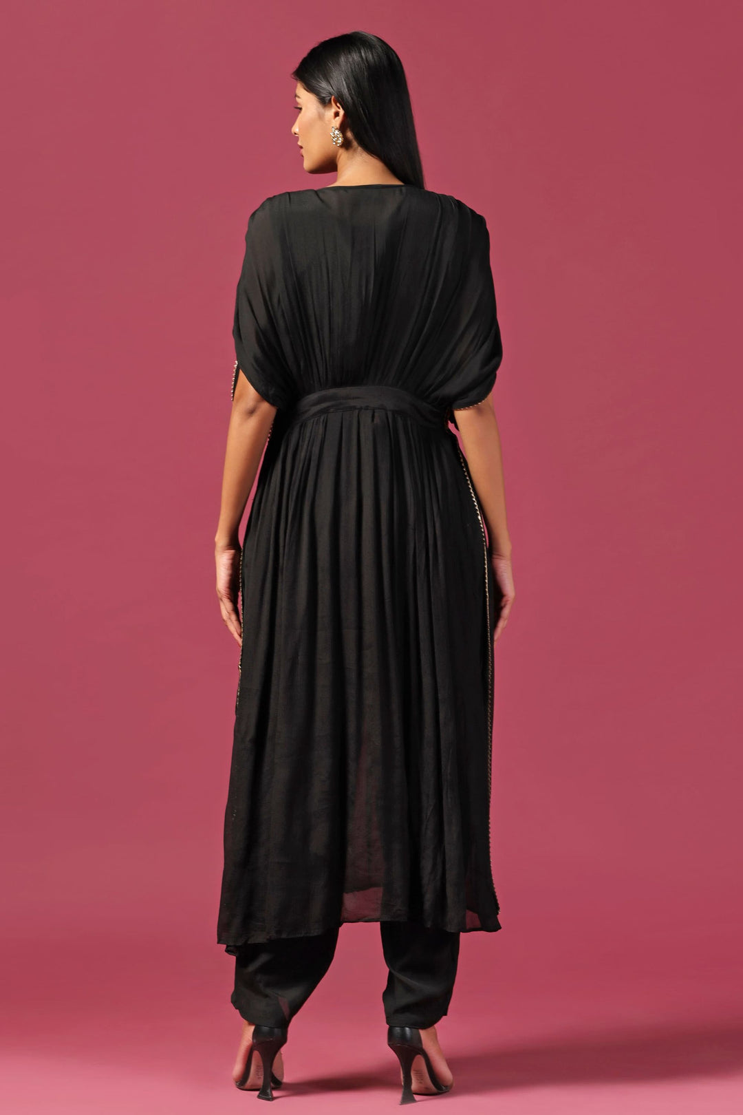 Black Embroidered Georgette Kaftan with Pants