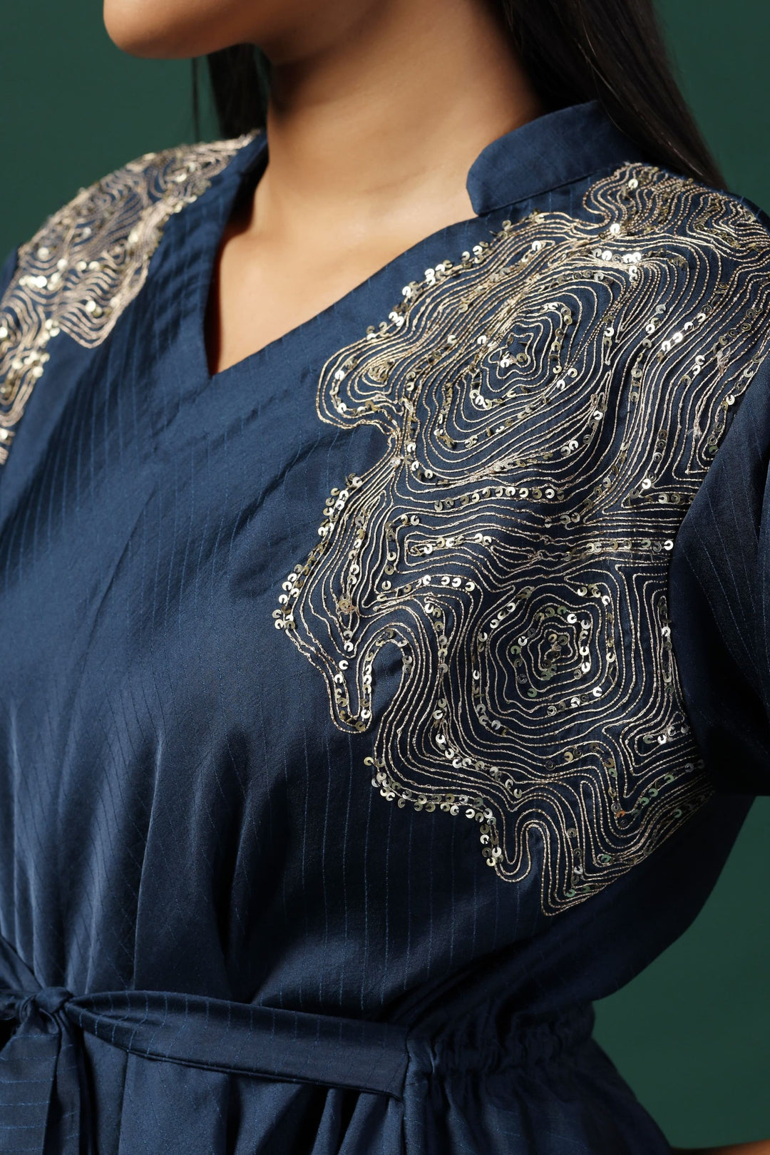 Navy Blue Embroidered Draped Kurta with Spaghetti (Ready To Ship)