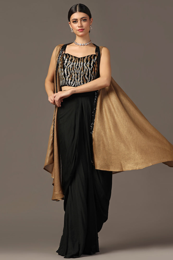 ANTIQUE GOLD  AND BLACK EMBROIDERED CAPE SET