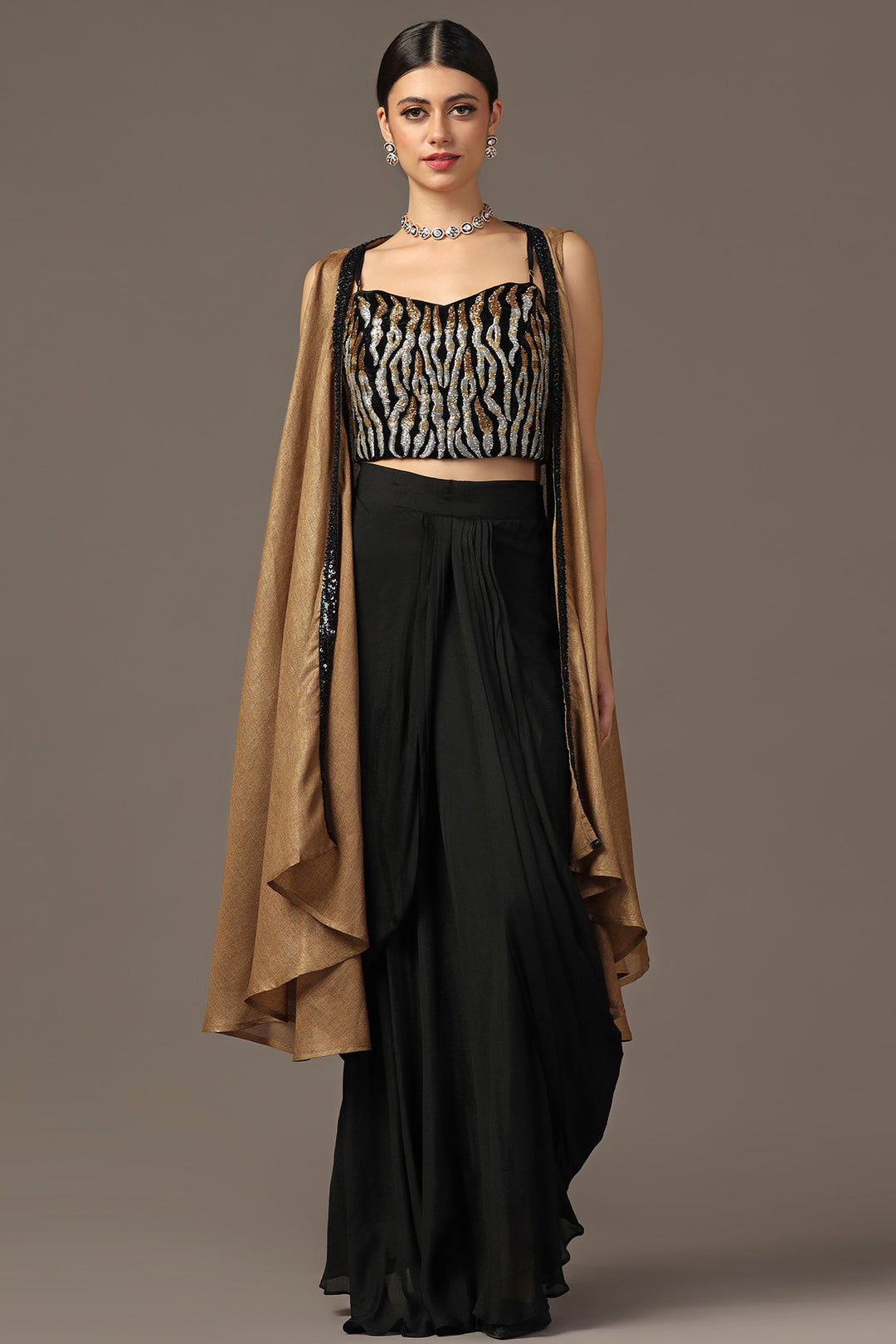 ANTIQUE GOLD  AND BLACK EMBROIDERED CAPE SET