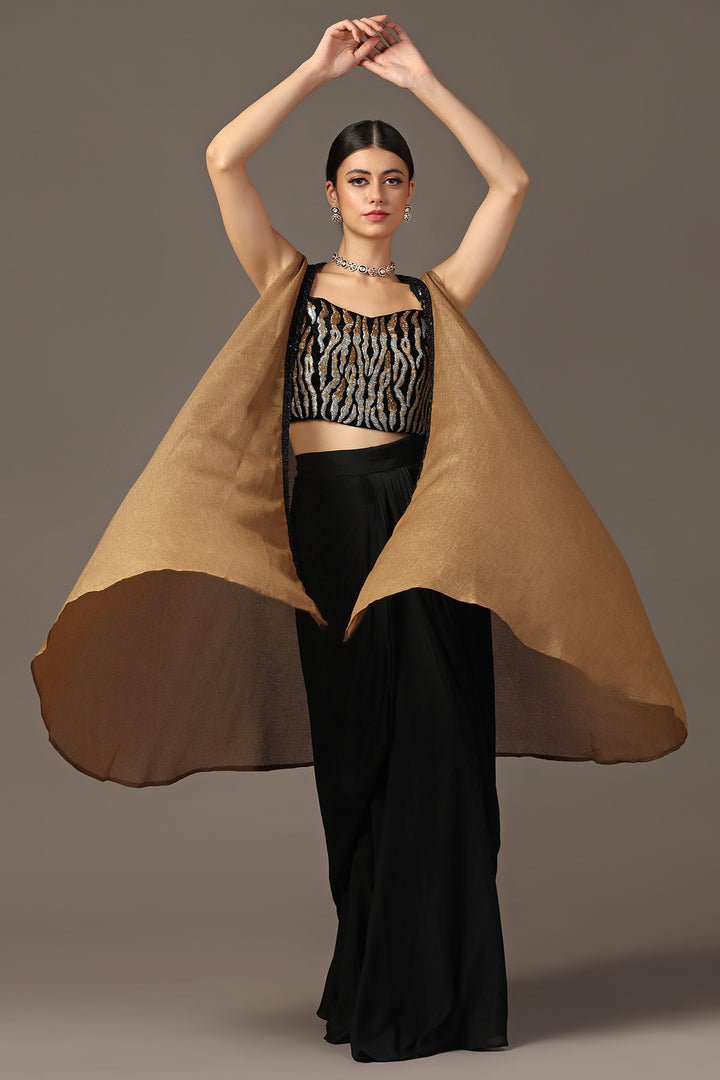 ANTIQUE GOLD  AND BLACK EMBROIDERED CAPE SET