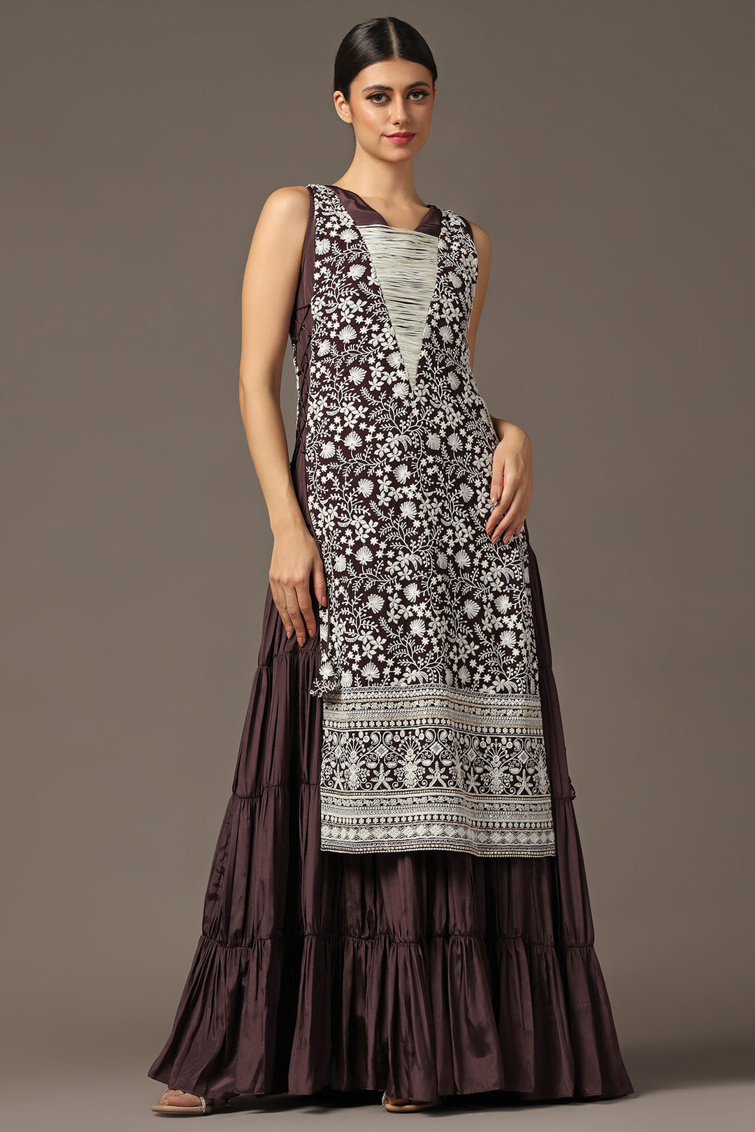 PURPLE TIERED SLEEVELESS ANARKALI GOWN WITH A WHITE PARSI STRAIGHT CAPE