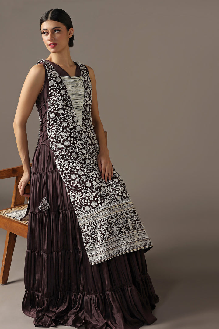 PURPLE TIERED SLEEVELESS ANARKALI GOWN WITH A WHITE PARSI STRAIGHT CAPE