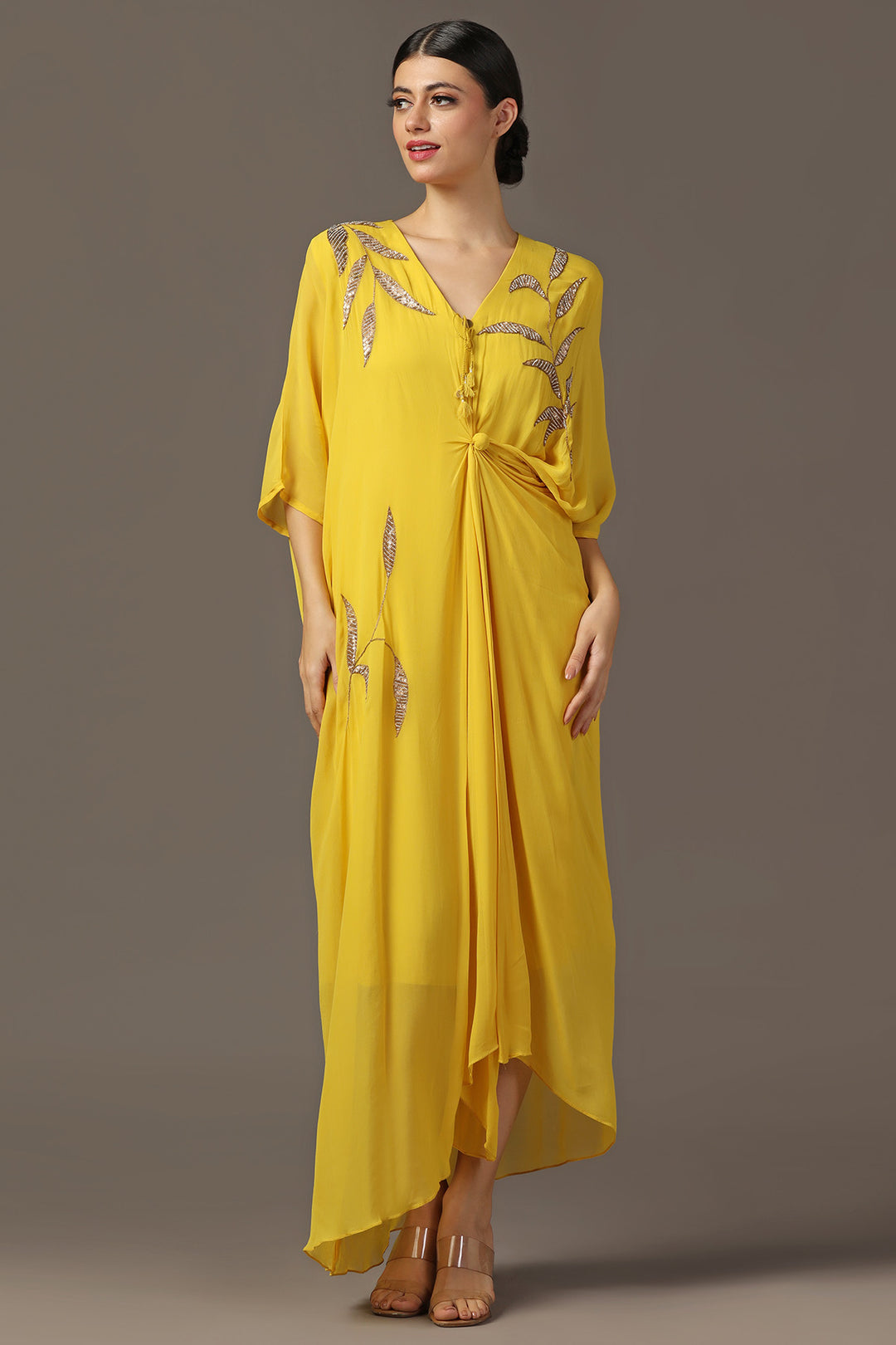 YELLOW EMBROIDERED DRAPED  DRESS