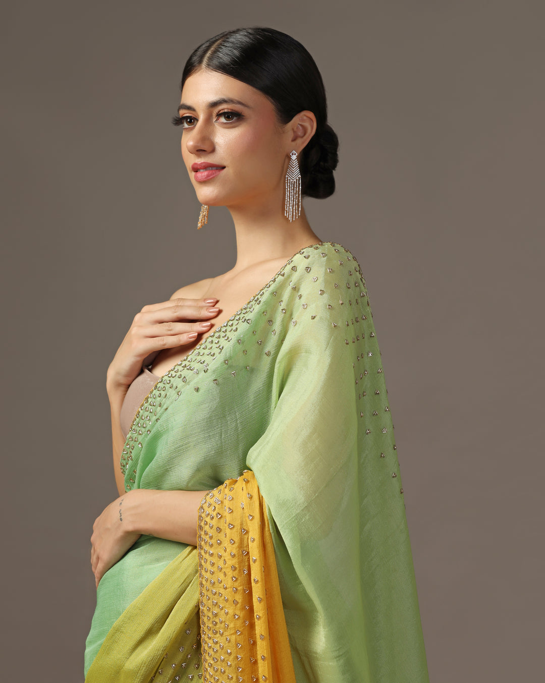 LIGHT  GREEN AND  YELLOW  OMBRE SAREE WITH A DELICATE GOLDEN BORDER