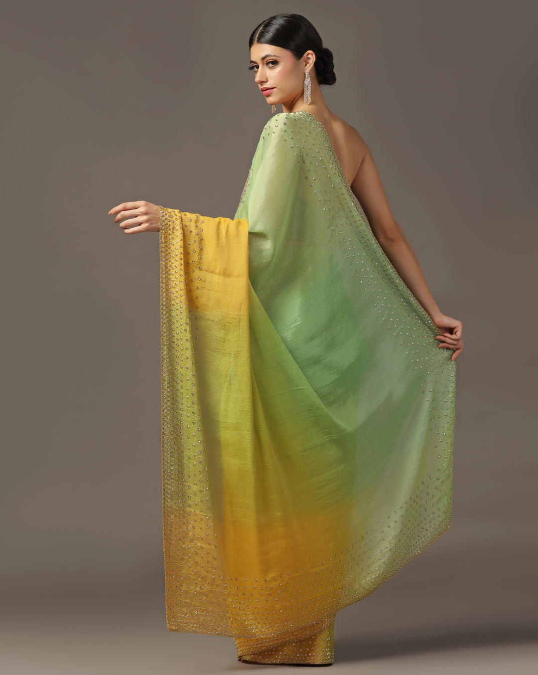 LIGHT  GREEN AND  YELLOW  OMBRE SAREE WITH A DELICATE GOLDEN BORDER