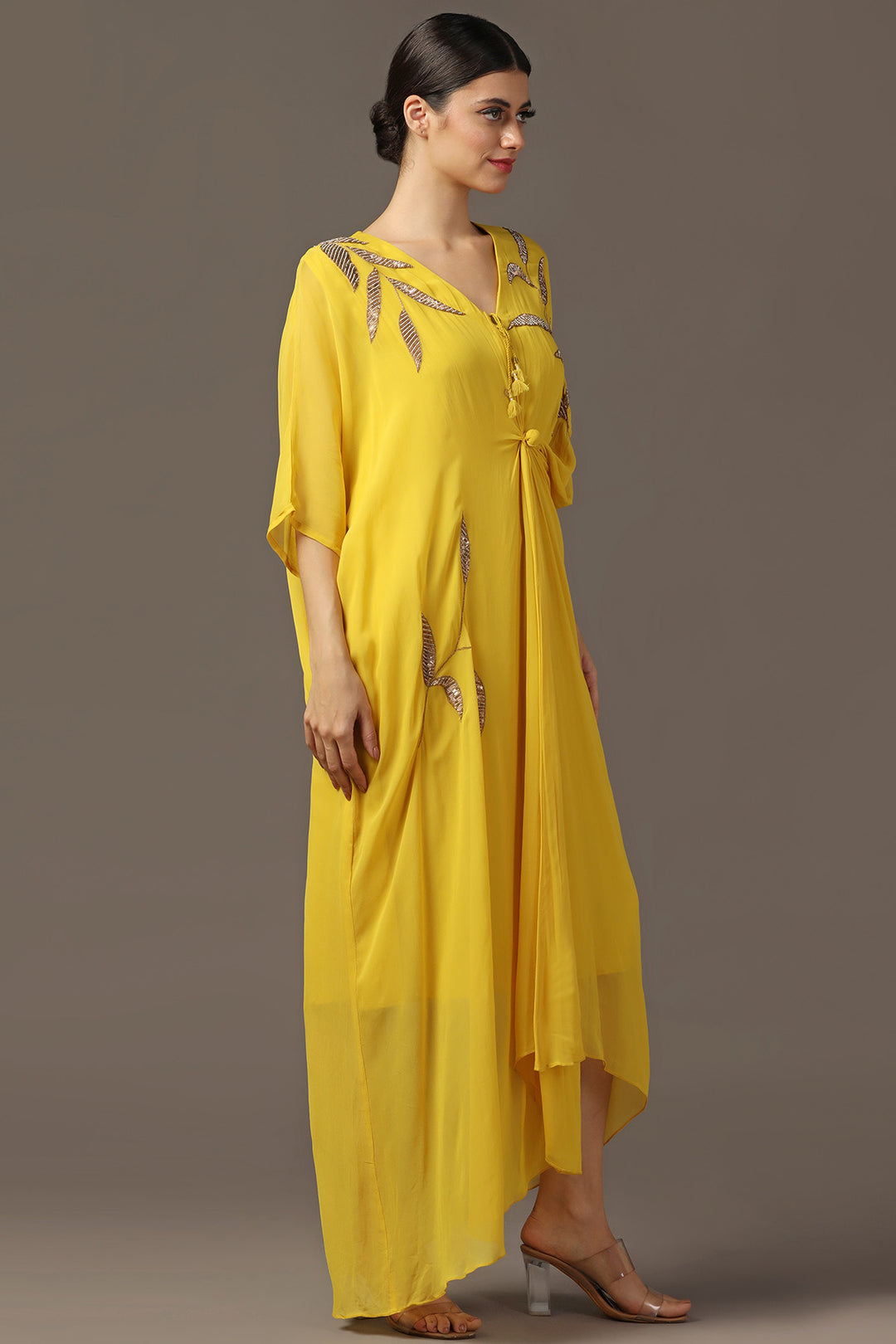 YELLOW EMBROIDERED DRAPED  DRESS