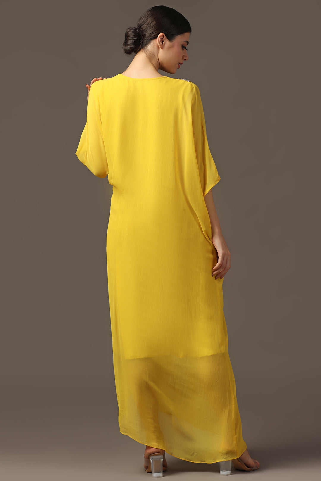 YELLOW EMBROIDERED DRAPED  DRESS