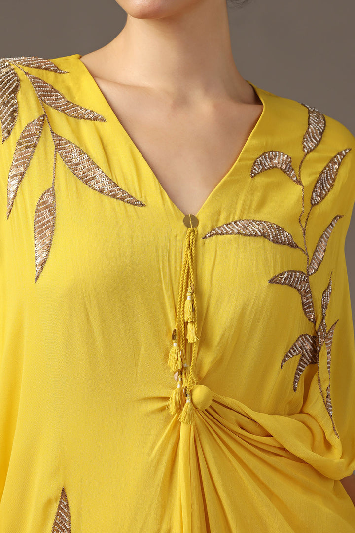 YELLOW EMBROIDERED DRAPED  DRESS