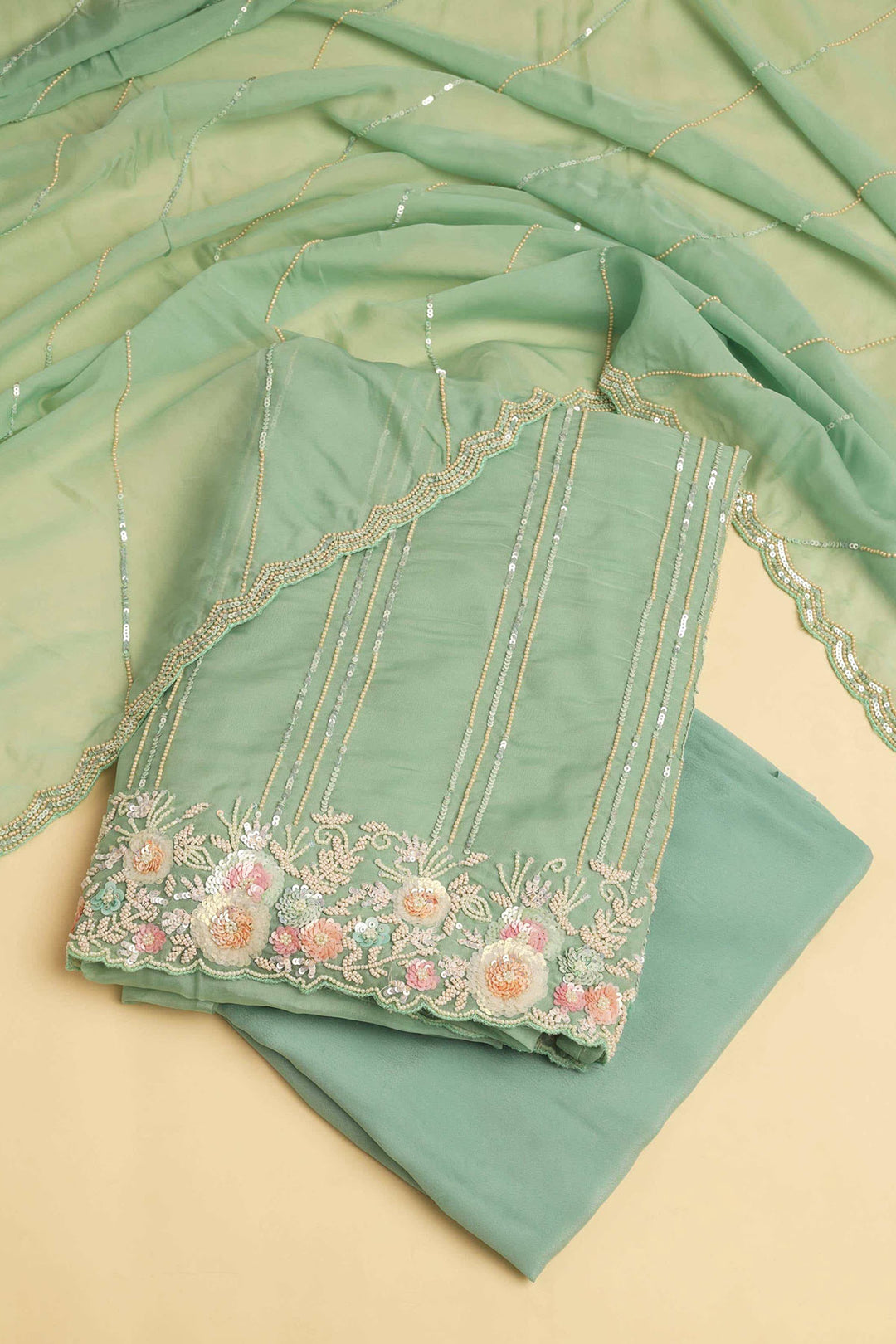 SEA GREEN UNSTITCHED SUIT WITH BOTTOM FABRIC & DUPATTA